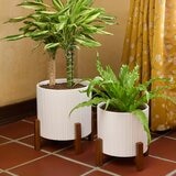 陶瓷花盆 2件組 附竹製盆架