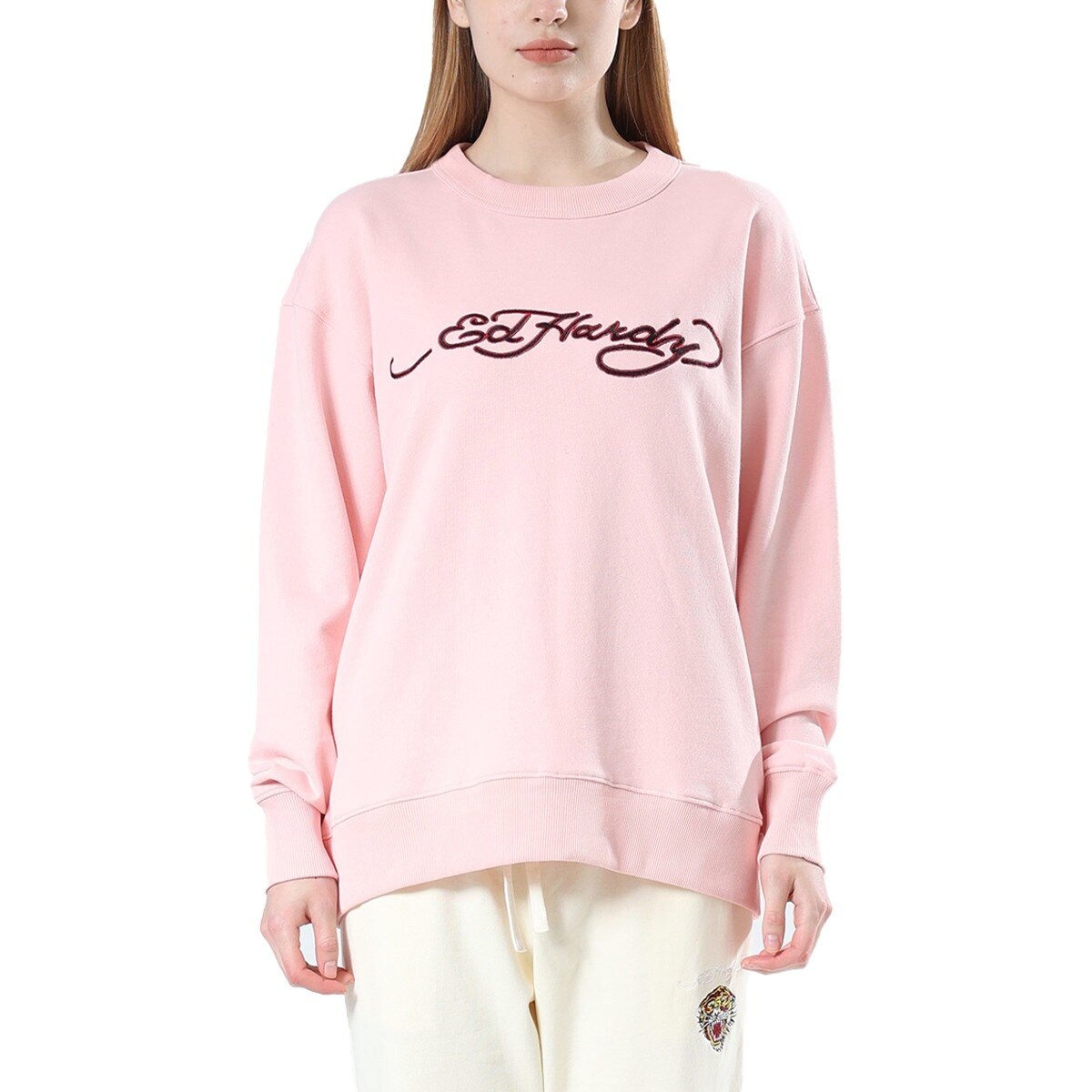 Ed Hardy 女刺繡圓領長袖上衣 粉