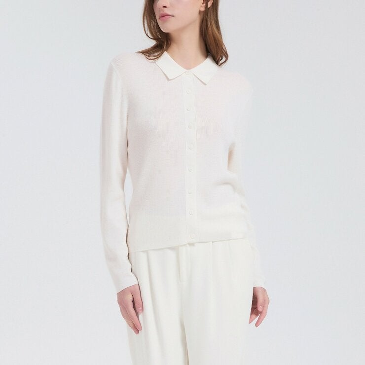 Brush Finch 女長袖羊絨Polo衫 白