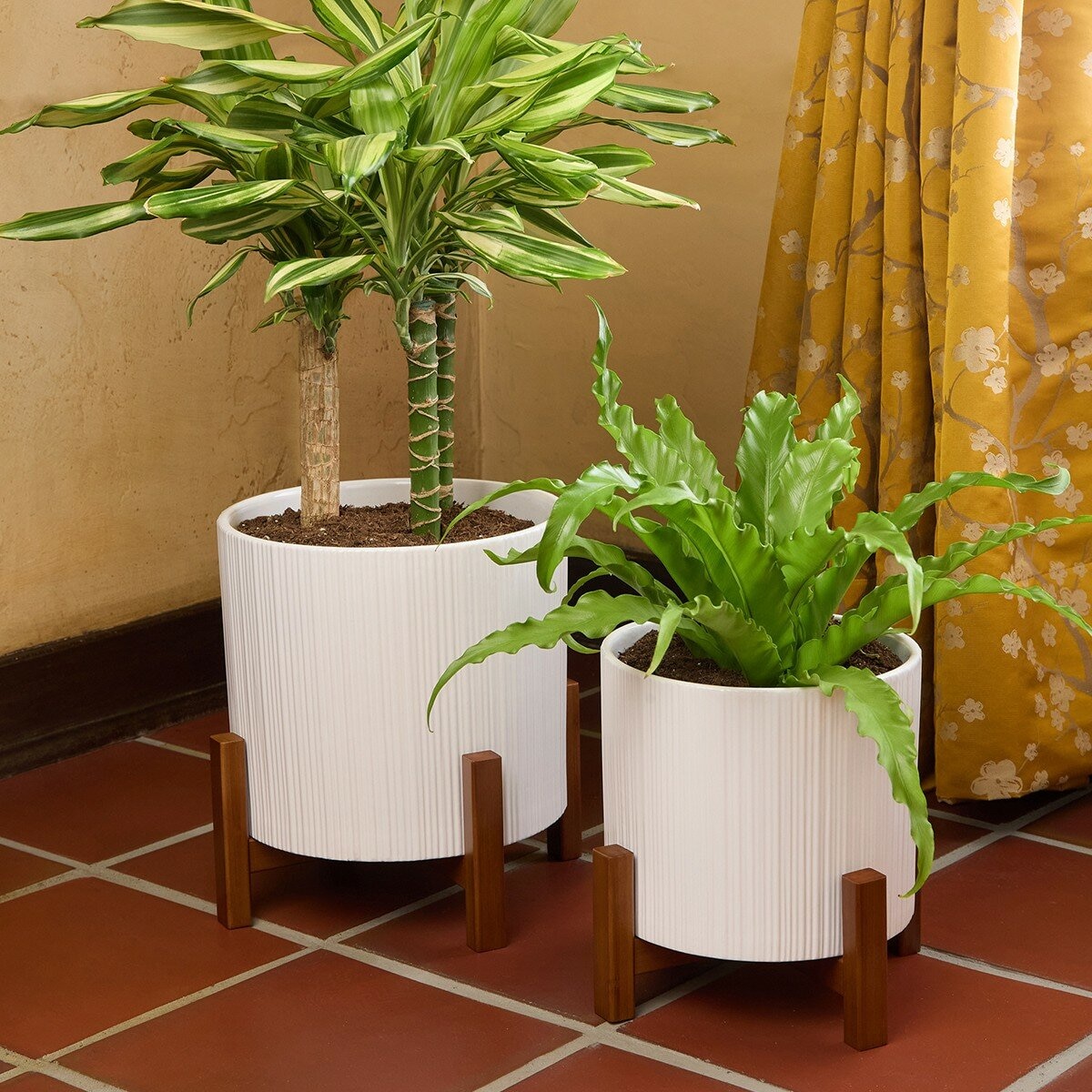 陶瓷花盆 2件組 附竹製盆架