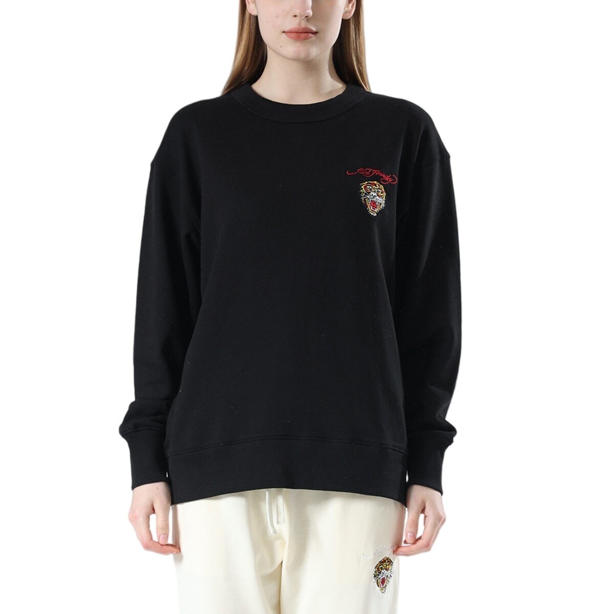 Ed Hardy 女刺繡圓領長袖上衣 黑
