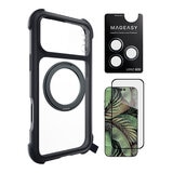 MAGEASY Odyssey Stand M 超軍規防摔磁吸支架手機殼 iPhone 17 Pro Max(皮革午夜) + 鏡頭保護貼Lenz 鈦合金(迷霧鈦) + Vetro 9H 鋼化玻璃保護膜