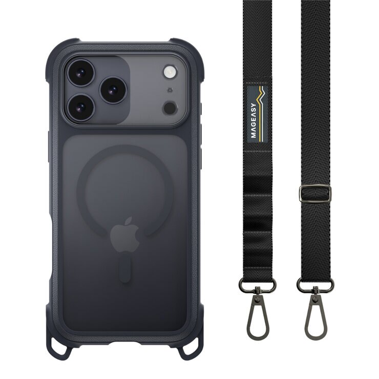 MAGEASY Odyssey Strap M 超軍規防摔掛繩手機殼 iPhone 17 Pro Max(皮革午夜/沉穩黑) + 鏡頭保護貼Lenz 鈦合金(鈦白) + Vetro 9H 鋼化玻璃保護膜