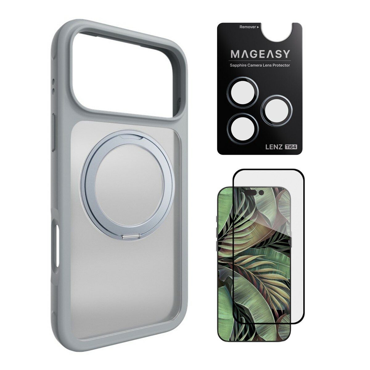 MAGEASY MagStand 360 M Pelindung Magnetik Rotasi dan Anti-jatuh untuk iPhone 17 Pro Max (Misty) + Lenz Lensa Proteksi Logam Titanium (Misty Titanium) + Vetro 9H Tempered Glass Screen Protector