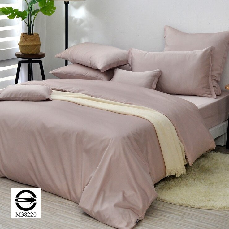 La Belle 雙人特大 300織天絲棉素色 被套床包四件組拼接款 粉