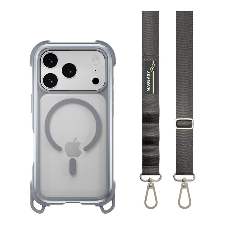 MAGEASY Odyssey Strap M 超軍規防摔掛繩手機殼 iPhone 17 Pro(迷霧/高冷灰) + 鏡頭保護貼Lenz 鈦合金(迷霧鈦) + Vetro 9H 鋼化玻璃保護膜