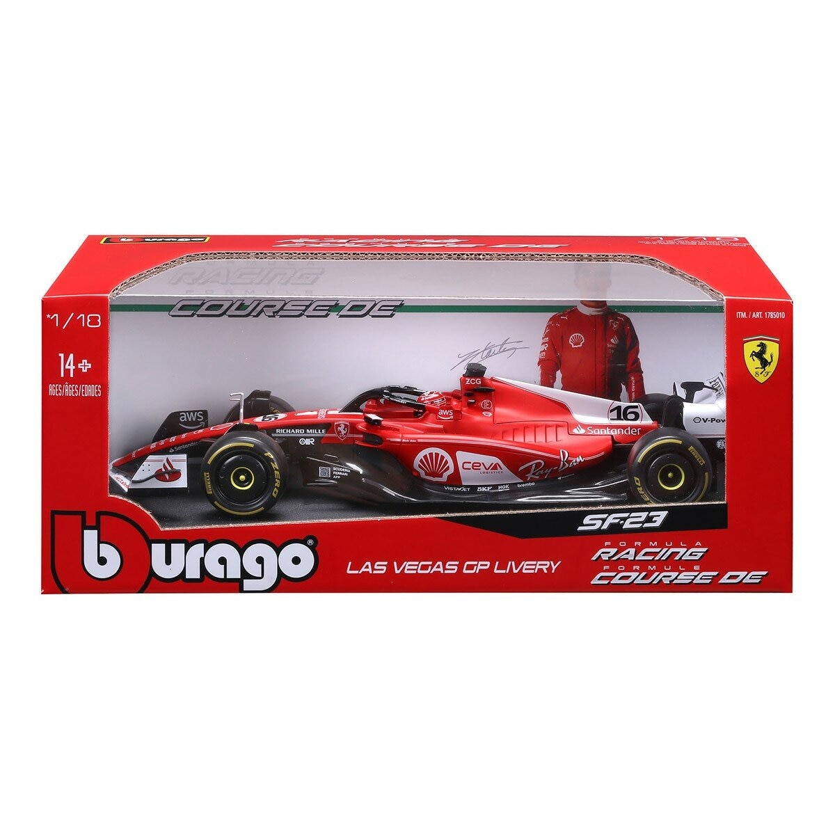 Bburago 1:18 賽車模型 Ferrari SF-23 (#16 Charles Leclerc , 含頭盔)拉斯維加斯塗裝 消光紅 / 14歲以上