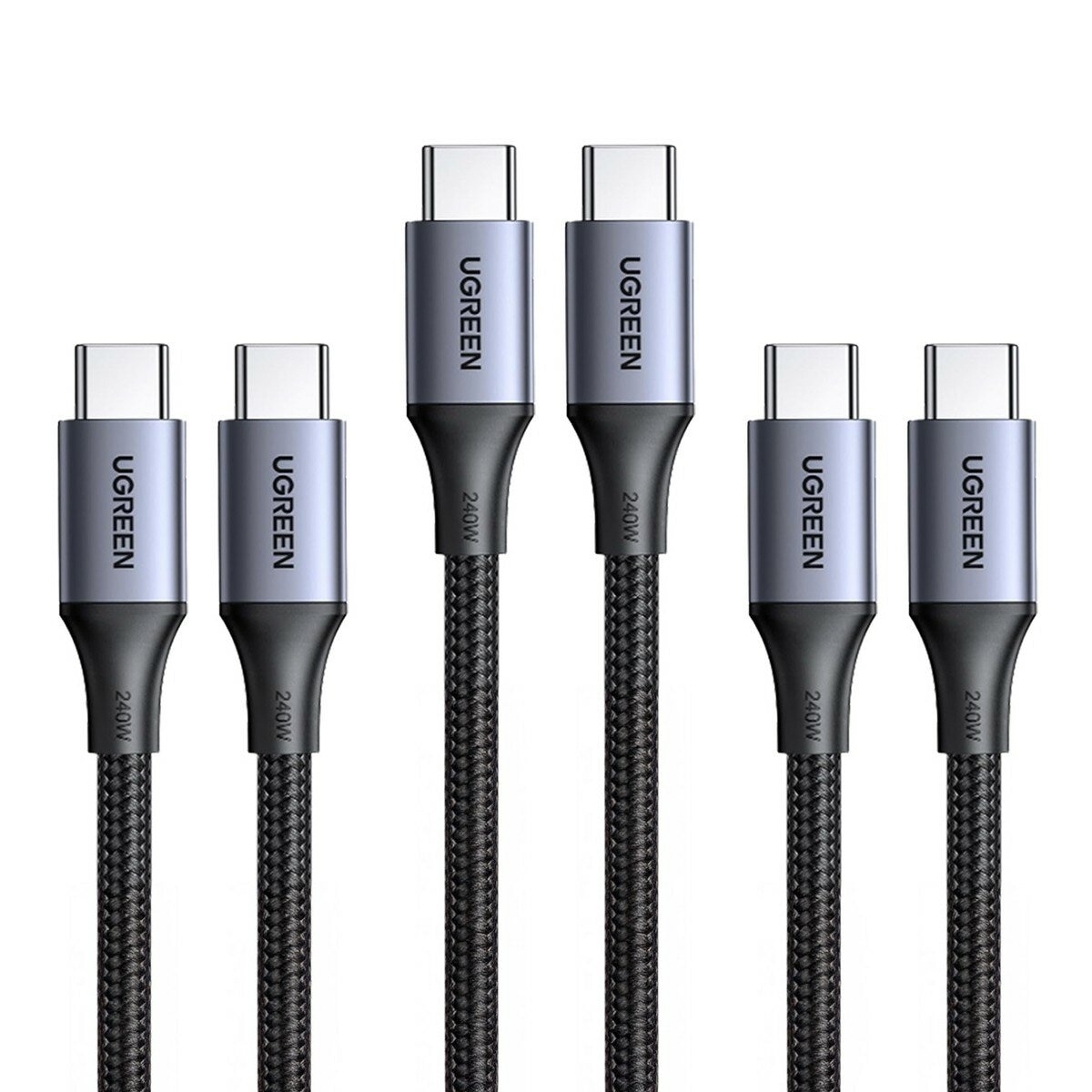 綠聯 Type-C 對 Type-C 240W 5A 安全超快充傳輸線 鋁合金編織 深空灰 (2公尺) 3件組