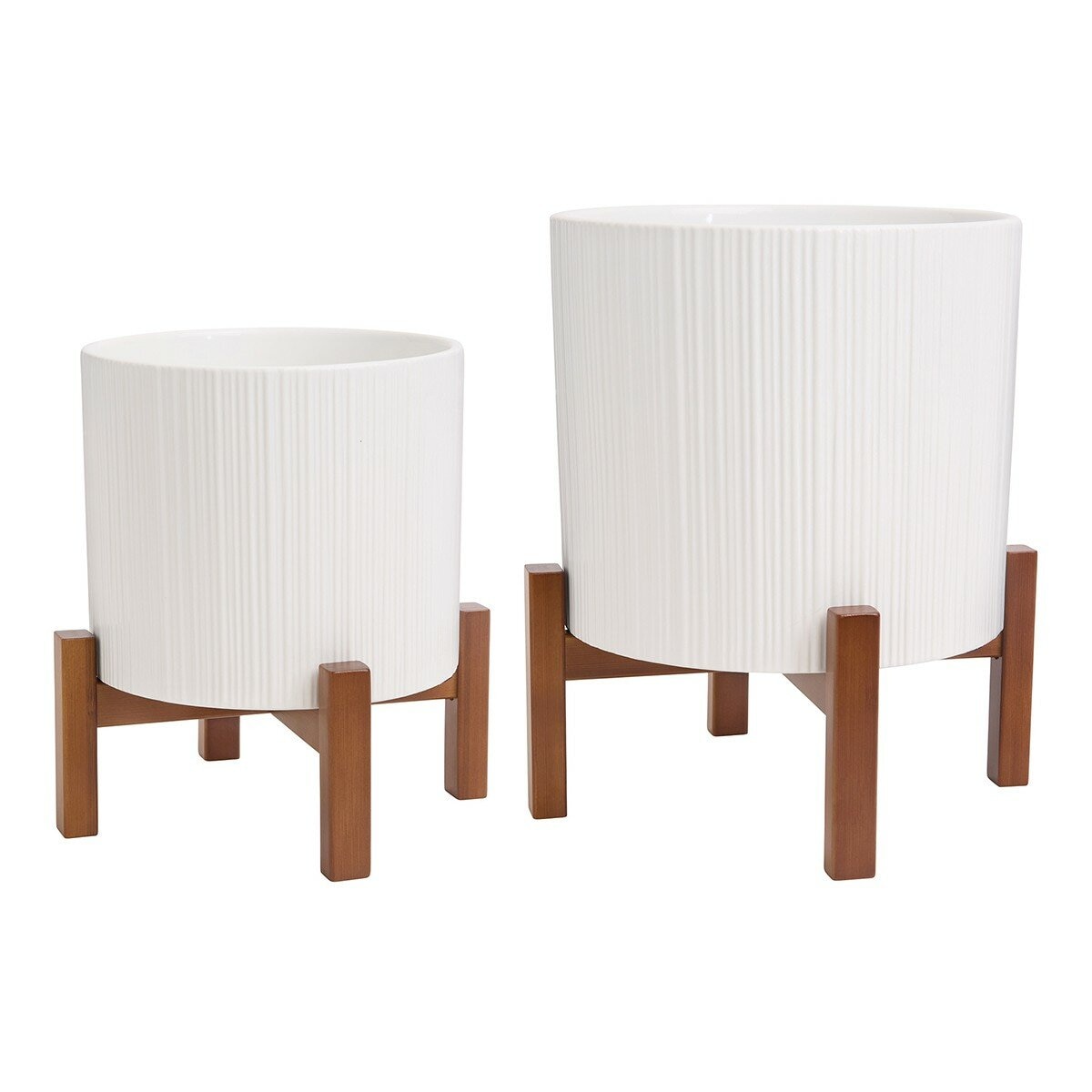 陶瓷花盆 2件組 附竹製盆架