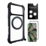 MAGEASY Odyssey Stand M 超軍規防摔磁吸支架手機殼 iPhone 17 Pro Max(皮革午夜) + 鏡頭保護貼Lenz(白色) + Vetro 9H 鋼化玻璃保護膜