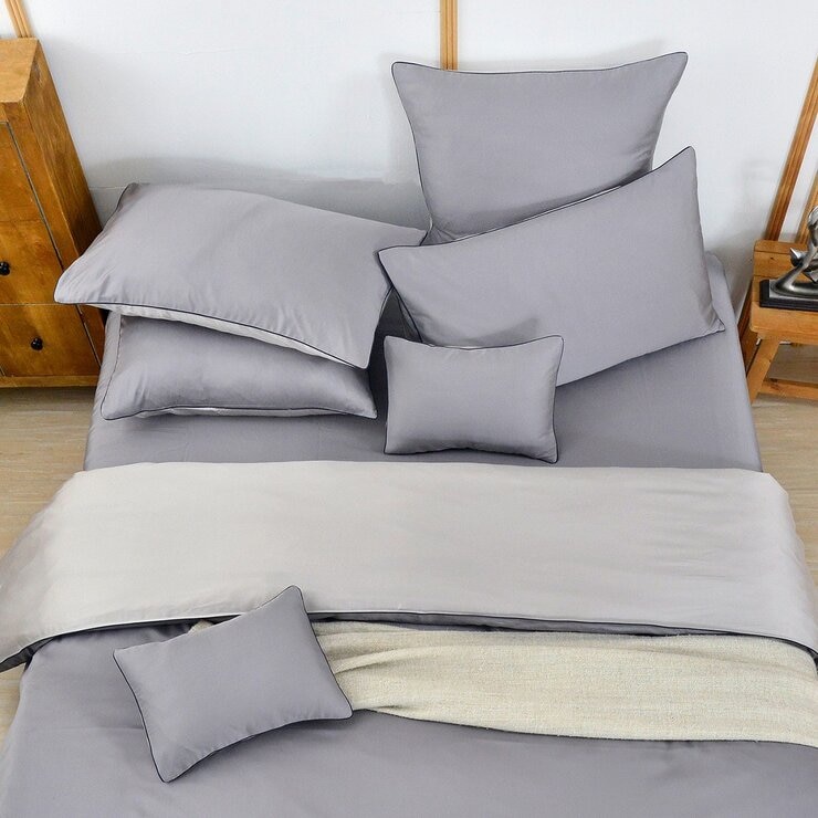 La Belle 雙人特大 300織天絲棉素色 被套床包四件組滾邊款 灰