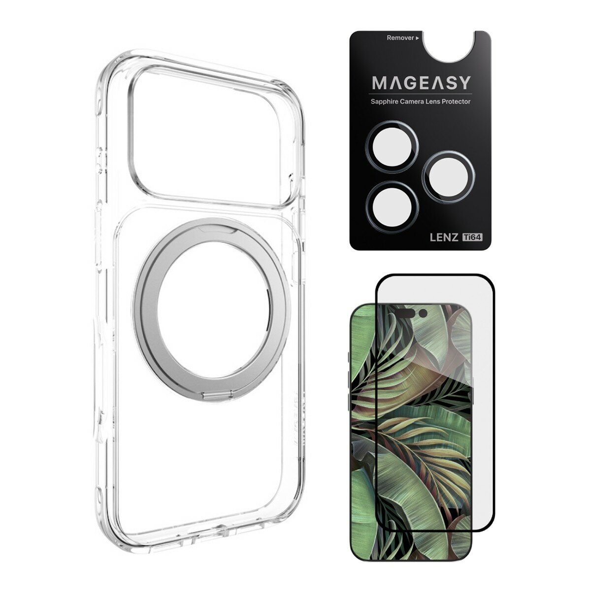 MAGEASY MagStand 360 M Casing Pelindung Dudukan Putar Magnetik untuk iPhone 17 Pro (Bening) + Pelindung Lensa Lenz Titanium (Misty Titanium) + Pelindung Kaca Tempered Vetro 9H