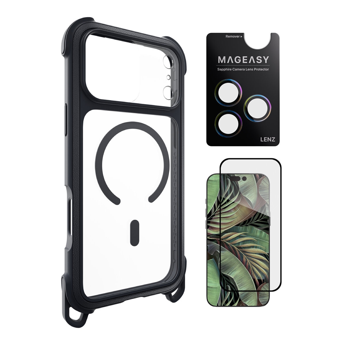 MAGEASY Odyssey Strap M 超軍規防摔掛繩手機殼 iPhone 17 Pro Max(皮革午夜/沉穩黑) + 鏡頭保護貼Lenz(炫彩) + Vetro 9H 鋼化玻璃保護膜