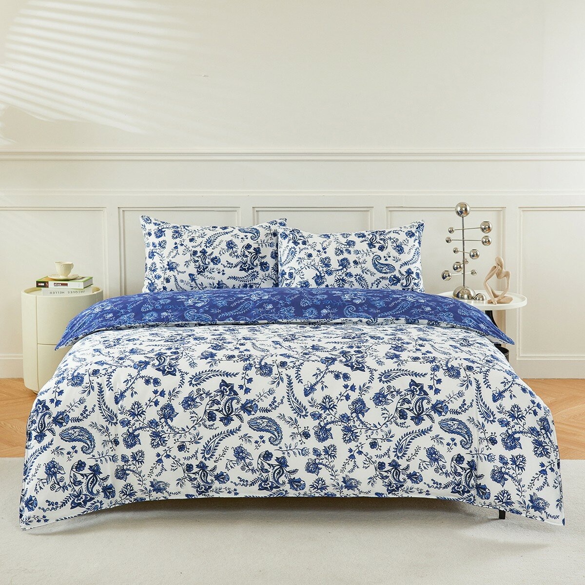 HOYACASA 300織純棉雙人加大床包兩用被套四件組 182公分 X 190公分 藍雨