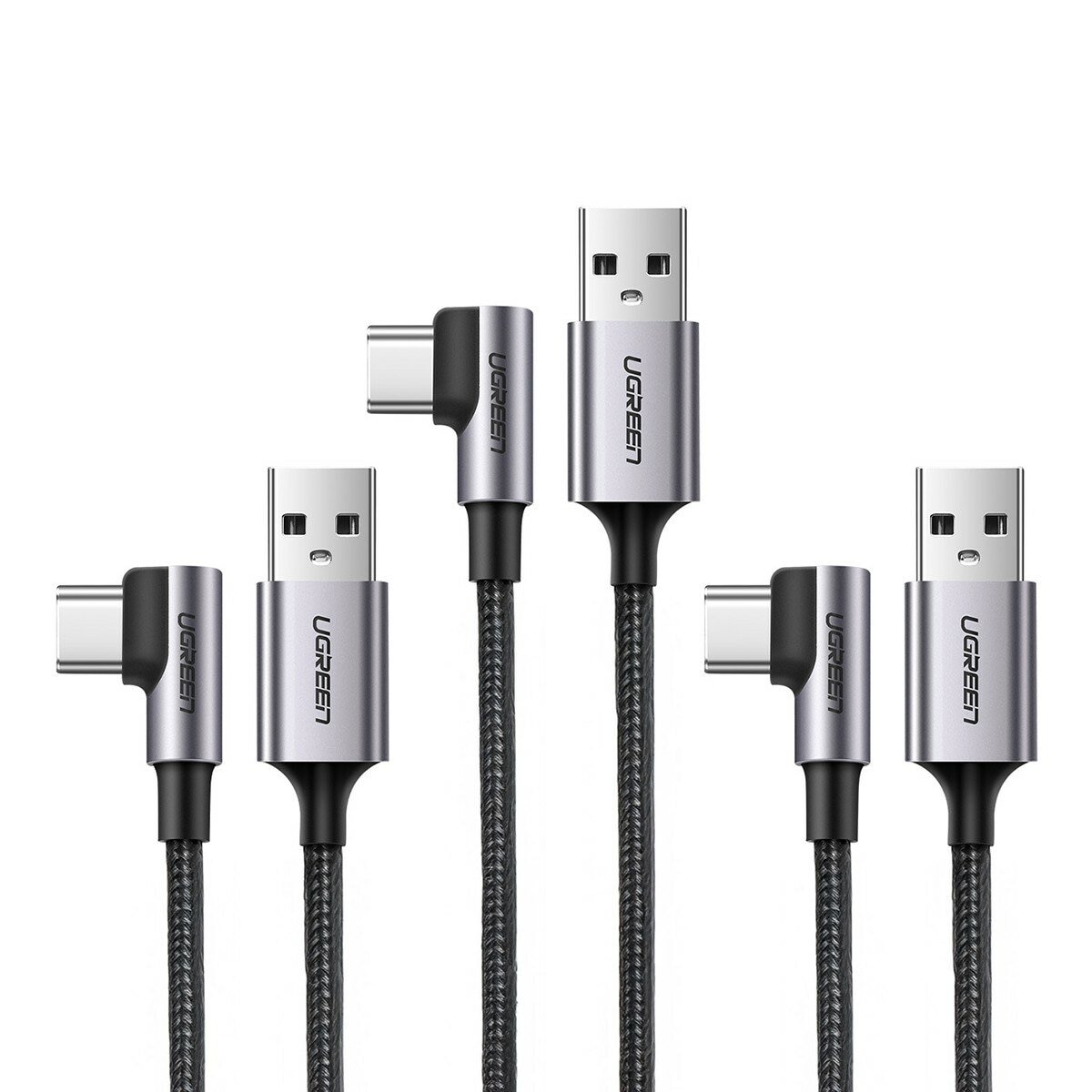綠聯 Right Angle USB-A 對 Type-C 快充傳輸線 金屬編織L型 / 電競專用版 深空灰 (1公尺) 3件組