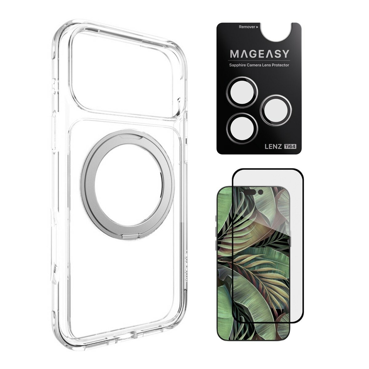 MAGEASY MagStand 360 M Magnetic Swivel Stand Drop Proof Case untuk iPhone 17 Pro Max (Bening) + Pelindung Lensa Lenz Titanium (Titanium White) + Pelindung Kaca Tempered Vetro 9H