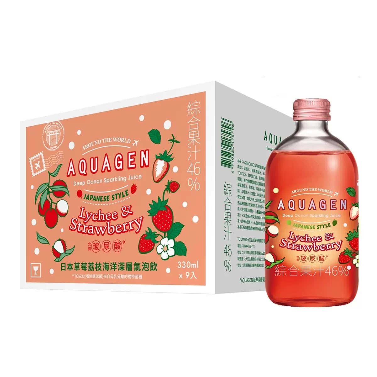 AQUAGEN 日本草莓荔枝海洋深層氣泡飲 330毫升 X 9瓶 商品圖 1