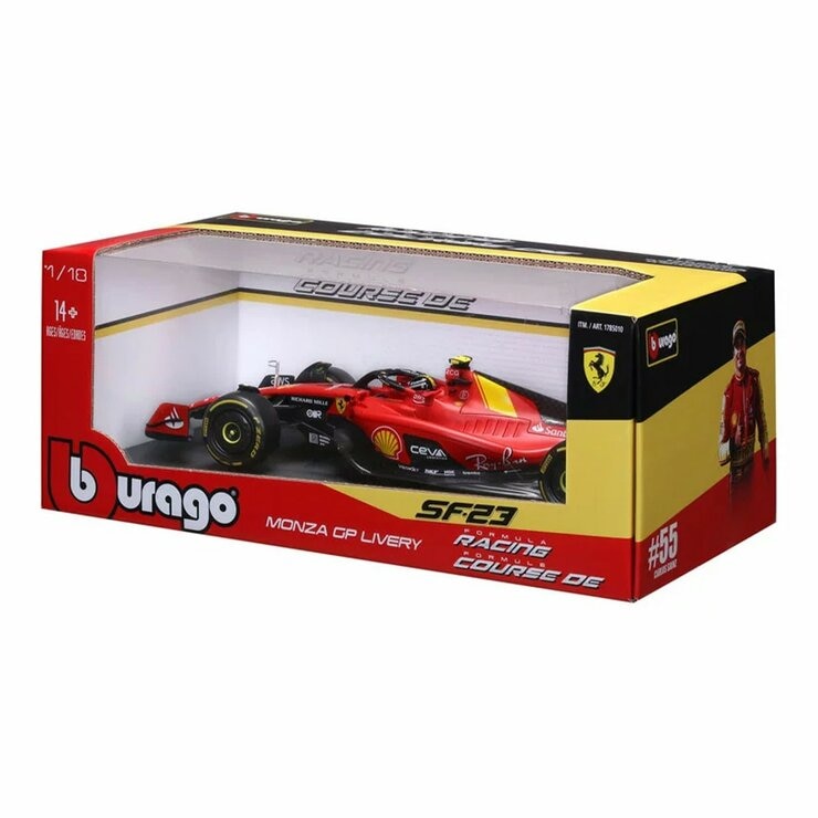 Bburago 1:18 賽車模型 Ferrari SF-23 (#55 Carlos Sainz , 含頭盔) 義大利大獎賽蒙扎塗裝版 消光紅 / 14歲以上 Bburago 1:18 賽車模型 Ferrari SF-23 (#55 Carlos Sainz , 含頭盔) 義大利大獎賽蒙扎塗裝版 消光紅 / 14歲以上