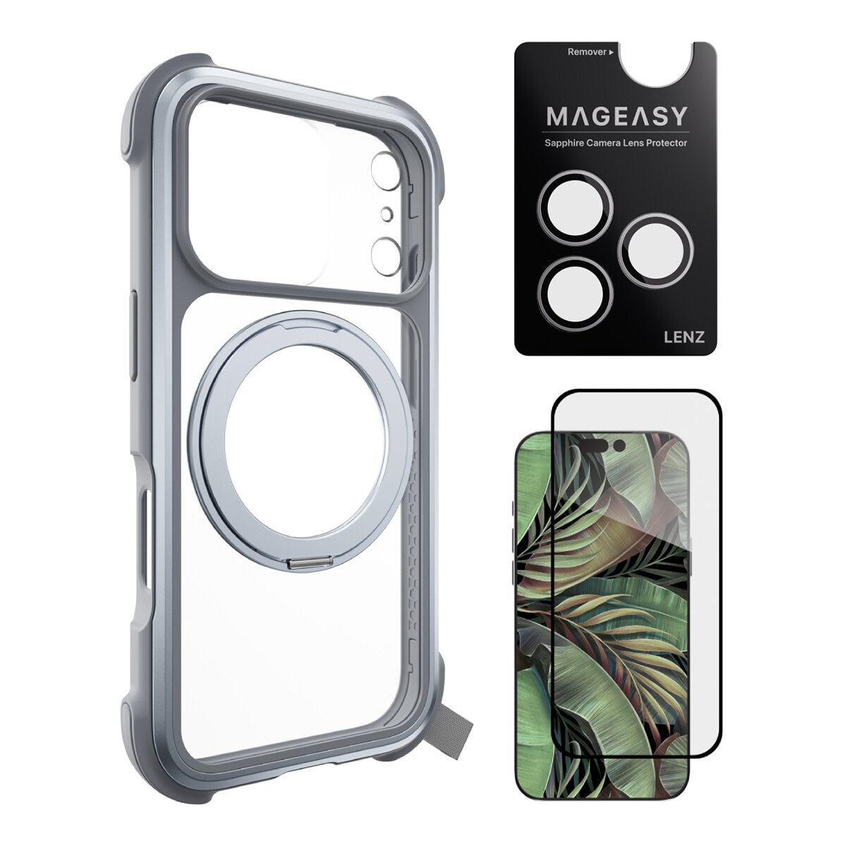MAGEASY Odyssey Stand M Casing Telepon Berdiri Magnetik Perlindungan Jatuh Ultra Militer untuk iPhone 17 Pro (Berkabut) + Pelindung Lensa Lenz (Putih) + Pelindung Kaca yang Dikeraskan Vetro 9H