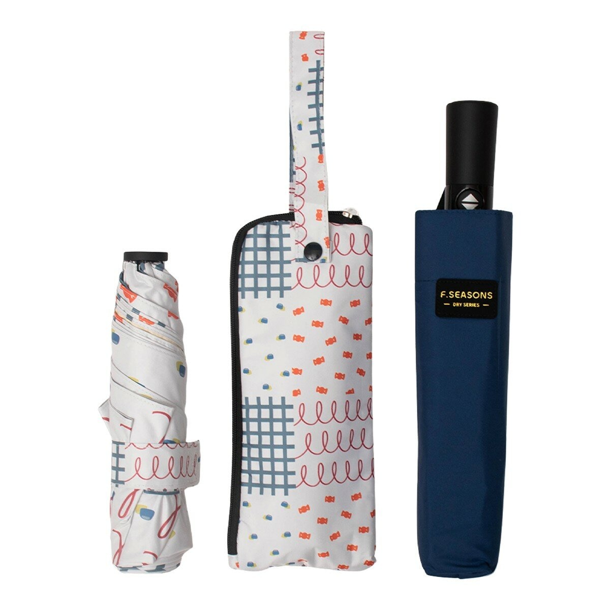 ชุดร่มกันแดดกันฝน F-SEASONS 2 ชิ้น ขนาด 43 นิ้ว + 46 นิ้ว ลายพิมพ์ + สีน้ำเงินเข้ม