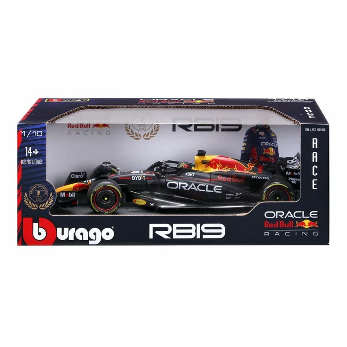 Bburago 1:18 賽車模型 Oracle Red Bull RB19 (#1 Max Verstappen , 含頭盔) 冠軍紀念版 消光藍 / 14歲以上