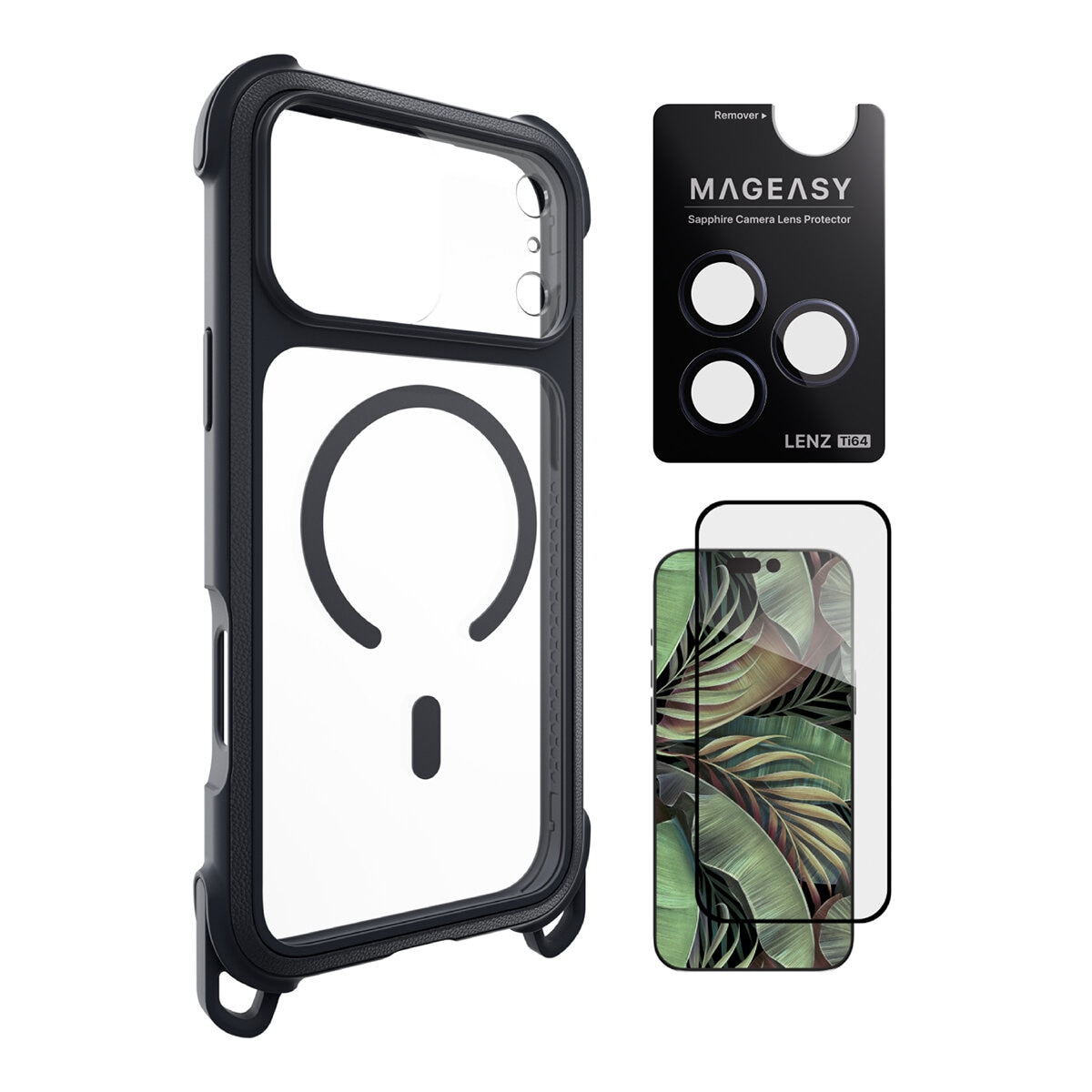 MAGEASY Odyssey Strap M 超軍規防摔掛繩手機殼 iPhone 17 Pro Max(皮革午夜/沉穩黑) + 鏡頭保護貼Lenz 鈦合金(午夜鈦) + Vetro 9H 鋼化玻璃保護膜