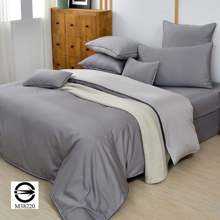 La Belle 雙人特大 300織天絲棉素色 被套床包四件組滾邊款 灰