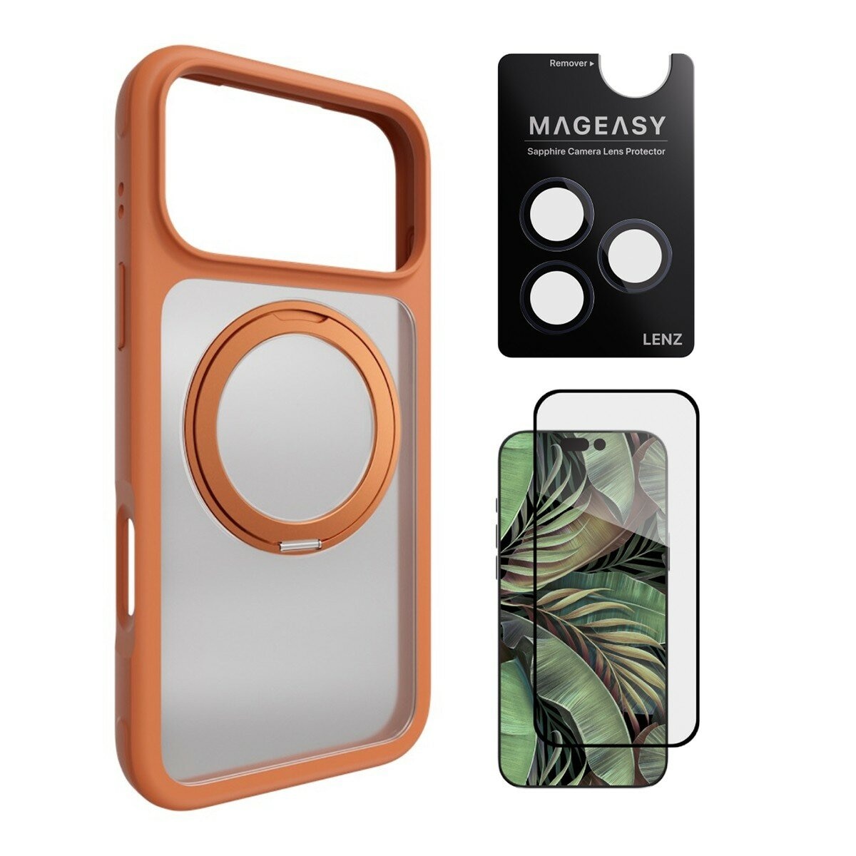 MAGEASY MagStand 360 M Casing Anti Jatuh Dudukan Putar Magnetik untuk iPhone 17 Pro Max (Coral) + Pelindung Lensa Lenz (Midnight) + Pelindung Kaca Tempered Vetro 9H