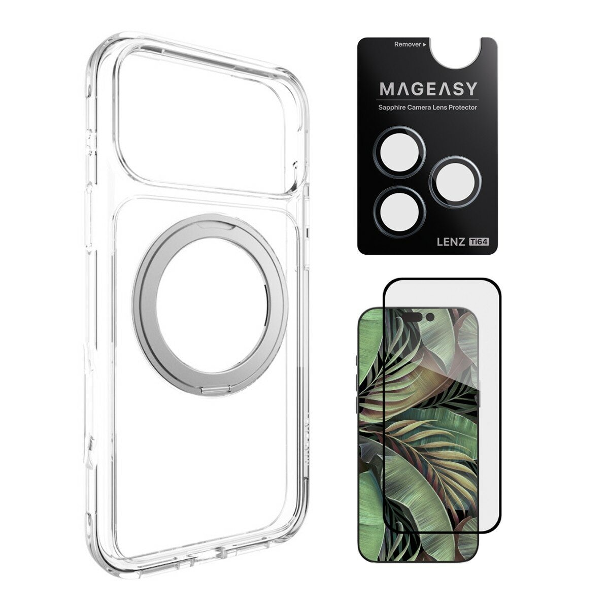 MAGEASY MagStand 360 M 磁吸旋轉支架防摔手機殼 iPhone 17 Pro Max(透明) + 鏡頭保護貼Lenz 鈦合金(迷霧鈦) + Vetro 9H 鋼化玻璃保護膜