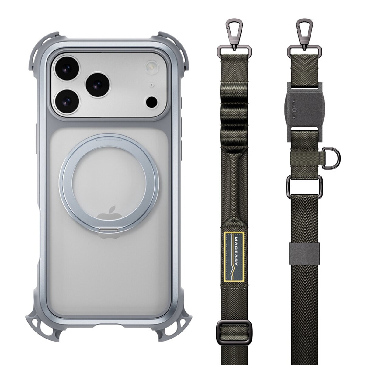 MAGEASY Odyssey Ultra M 終極防摔磁吸支架掛繩手機殼 iPhone 17 Pro Max(迷霧/岩石灰) + 鏡頭保護貼Lenz(珊瑚) + Vetro 9H 鋼化玻璃保護膜