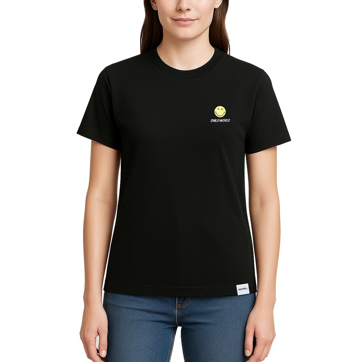 Smiley World 女短袖圓領上衣 黑
