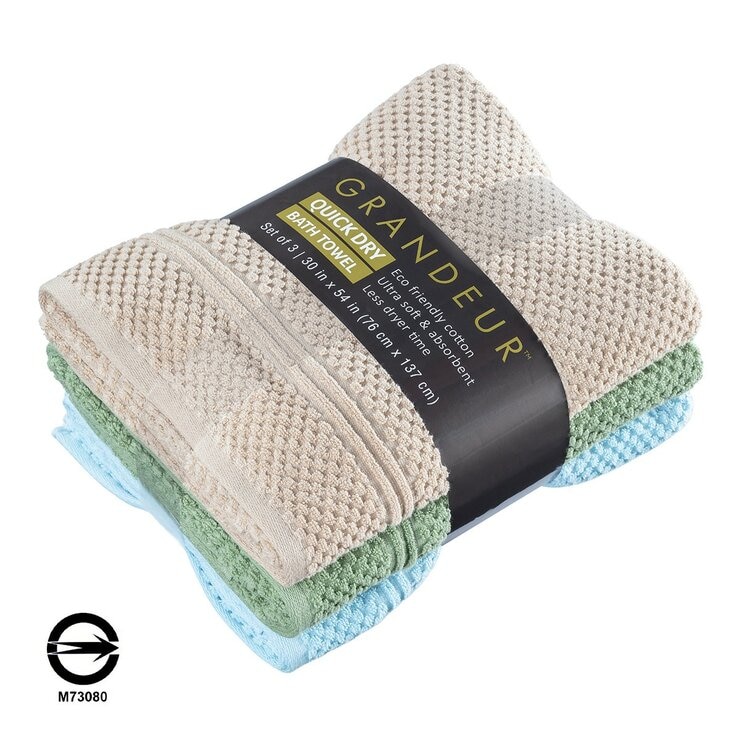 Grandeur 快乾浴巾 3入組 76公分 X 137公分 金/綠/淺藍