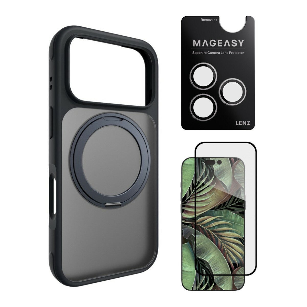 MAGEASY MagStand 360 M - Ốp lưng chống rơi có giá đỡ xoay từ tính dành cho iPhone 17 Pro (Màu Đêm) + Miếng dán bảo vệ ống kính Lenz (Màu Trắng) + Miếng dán kính cường lực Vetro 9H