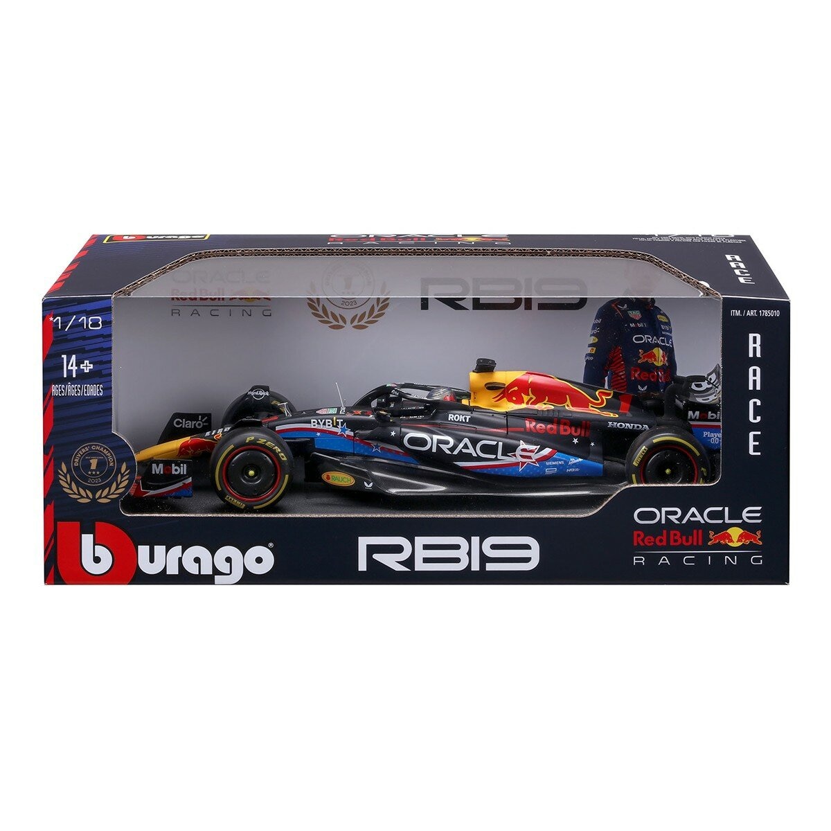 Bburago โมเดลรถแข่ง 1:18 Oracle Red Bull RB19 (#1 Max Verstappen, พร้อมหมวกกันน็อค) ลาย Austin สีน้ำเงินด้าน / สำหรับอายุ 14 ปีขึ้นไป