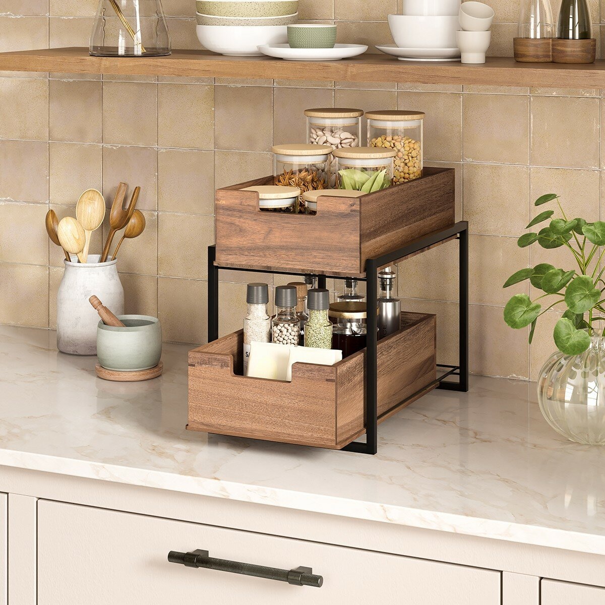 Seville Classics 雙層木製抽屜式置物籃架