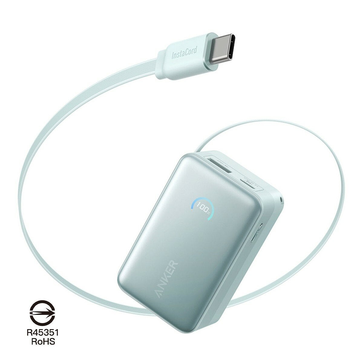 ANKER Nano A1638 行動電源 10000mAh 45W 自帶USB-C伸縮線 綠色