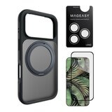 MAGEASY MagStand 360 M 磁吸旋轉支架防摔手機殼 iPhone 17 Pro(午夜) + 鏡頭保護貼Lenz(白色) + Vetro 9H 鋼化玻璃保護膜