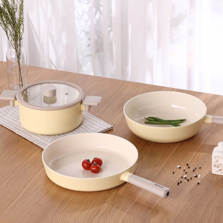 Neoflam 陶瓷不沾塗層鍋具 含玻璃上蓋 4件組 黃