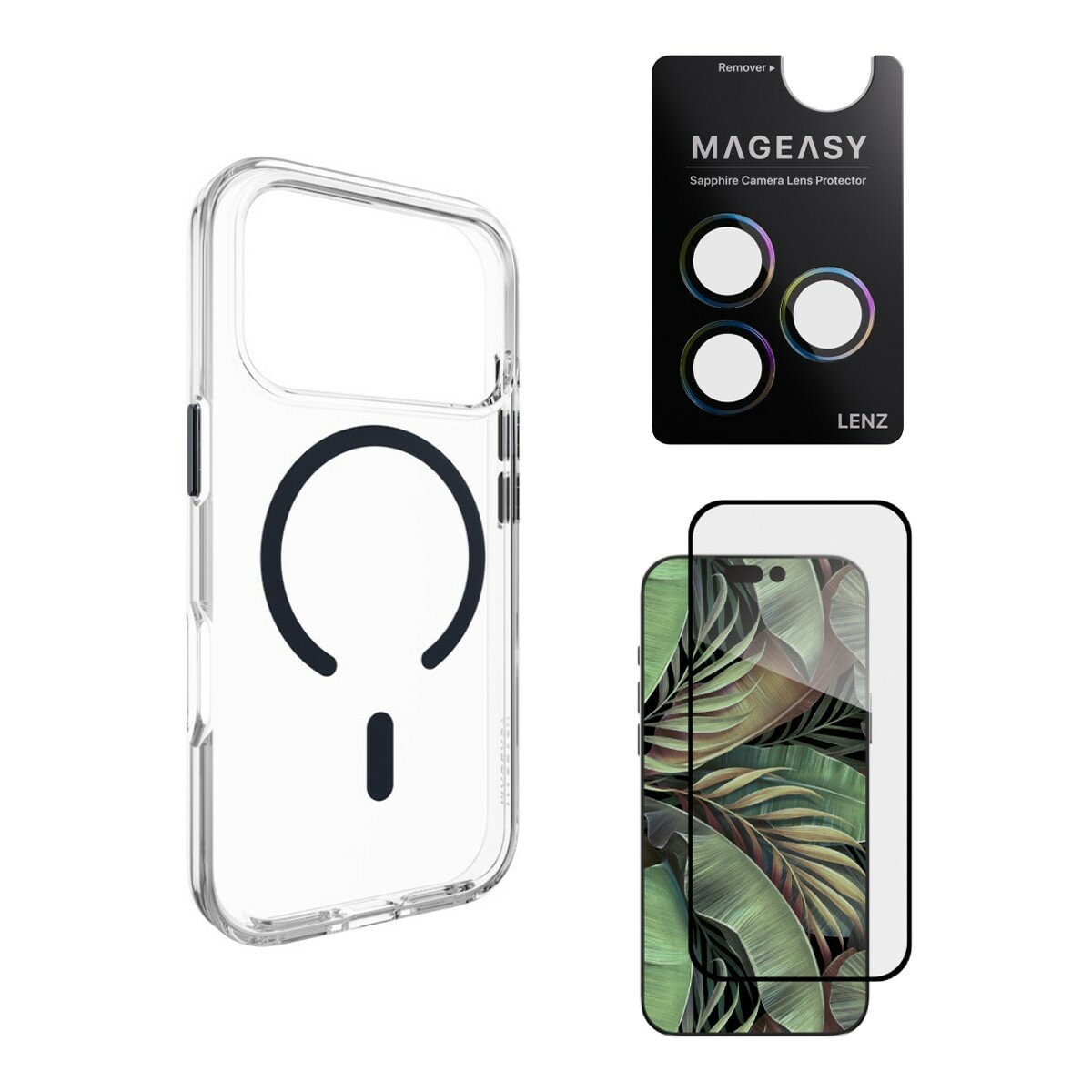 MAGEASY Bright M tidak kuning militer magnetik casing transparan iPhone 17 Pro (magnet midnight) + pelindung lensa Lenz (rainbow) + pelindung kaca Vetro 9H