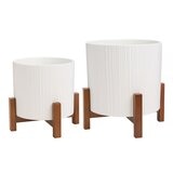 陶瓷花盆 2件組 附竹製盆架