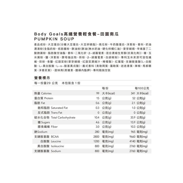 Body Goals Nutrition High Fiber Soup Pumpkin X 30-Pack