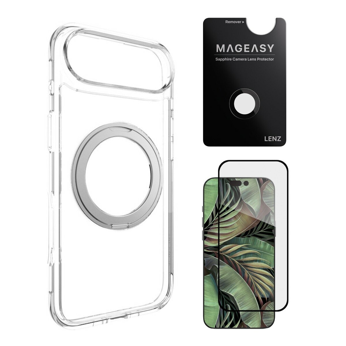 MAGEASY MagStand 360 M 磁吸旋轉支架防摔手機殼 iPhone Air (透明) + 鏡頭保護貼 Lenz(黑色) + Vetro 9H 鋼化玻璃保護膜