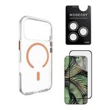 MAGEASY Bright M 不發黃軍規磁吸透明殼 iPhone 17 Pro(珊瑚磁圈) + 鏡頭保護貼Lenz(白色) + Vetro 9H 鋼化玻璃保護膜