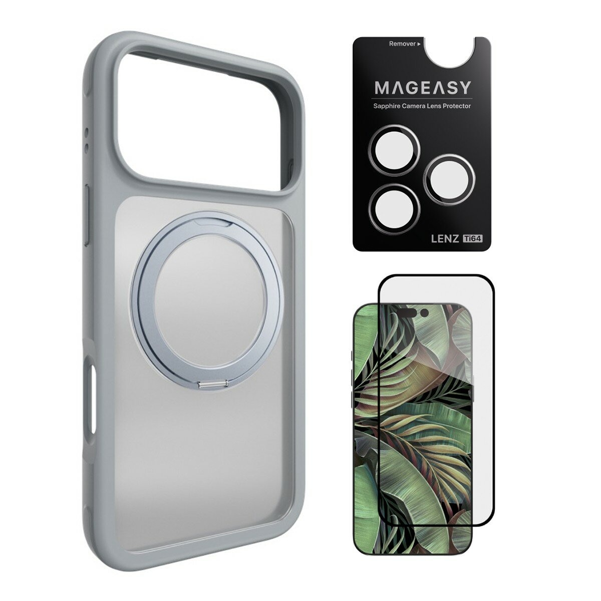 MAGEASY MagStand 360 M Casing Anti Jatuh Dudukan Putar Magnetik untuk iPhone 17 Pro Max (Berkabut) + Pelindung Lensa Lenz Titanium (Titanium Putih) + Pelindung Kaca Tempered Vetro 9H