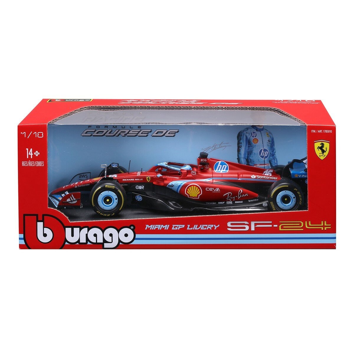 Mô hình xe đua Bburago 1:18 Ferrari SF-24 (#16 Charles Leclerc) sơn Miami Grand Prix, đỏ mờ / trên 14 tuổi