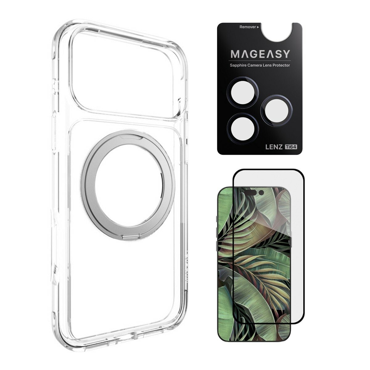 MAGEASY MagStand 360 M 磁吸旋轉支架防摔手機殼 iPhone 17 Pro Max(透明) + 鏡頭保護貼Lenz 鈦合金(午夜鈦) + Vetro 9H 鋼化玻璃保護膜