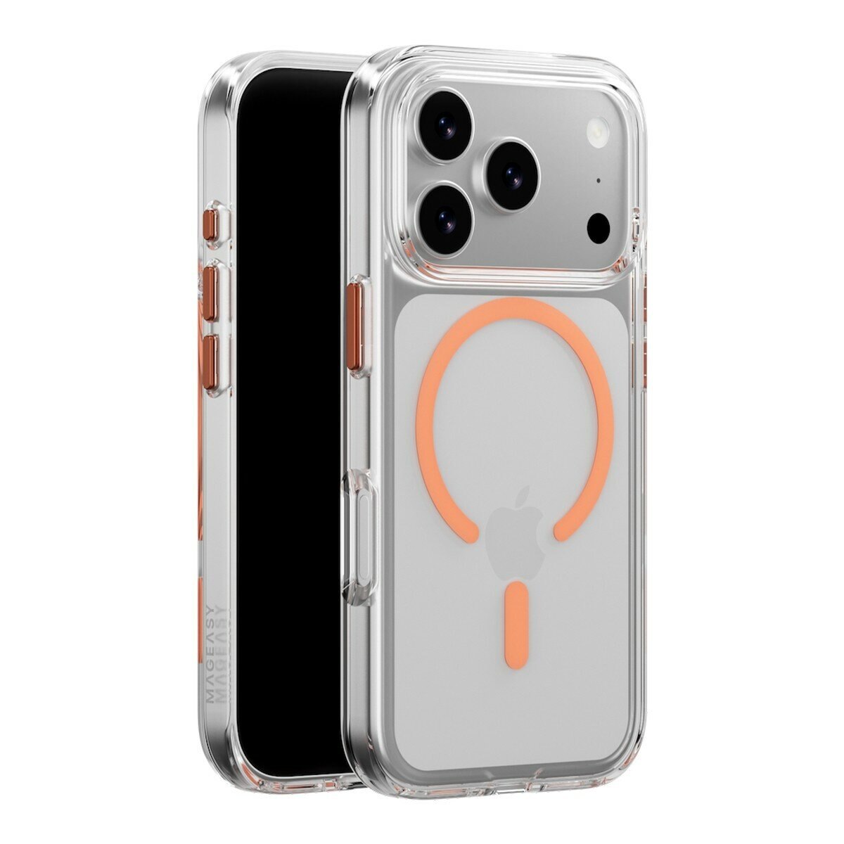 MAGEASY Bright M 不發黃軍規磁吸透明殼 iPhone 17 Pro(珊瑚磁圈) + 鏡頭保護貼Lenz(珊瑚) + Vetro 9H 鋼化玻璃保護膜