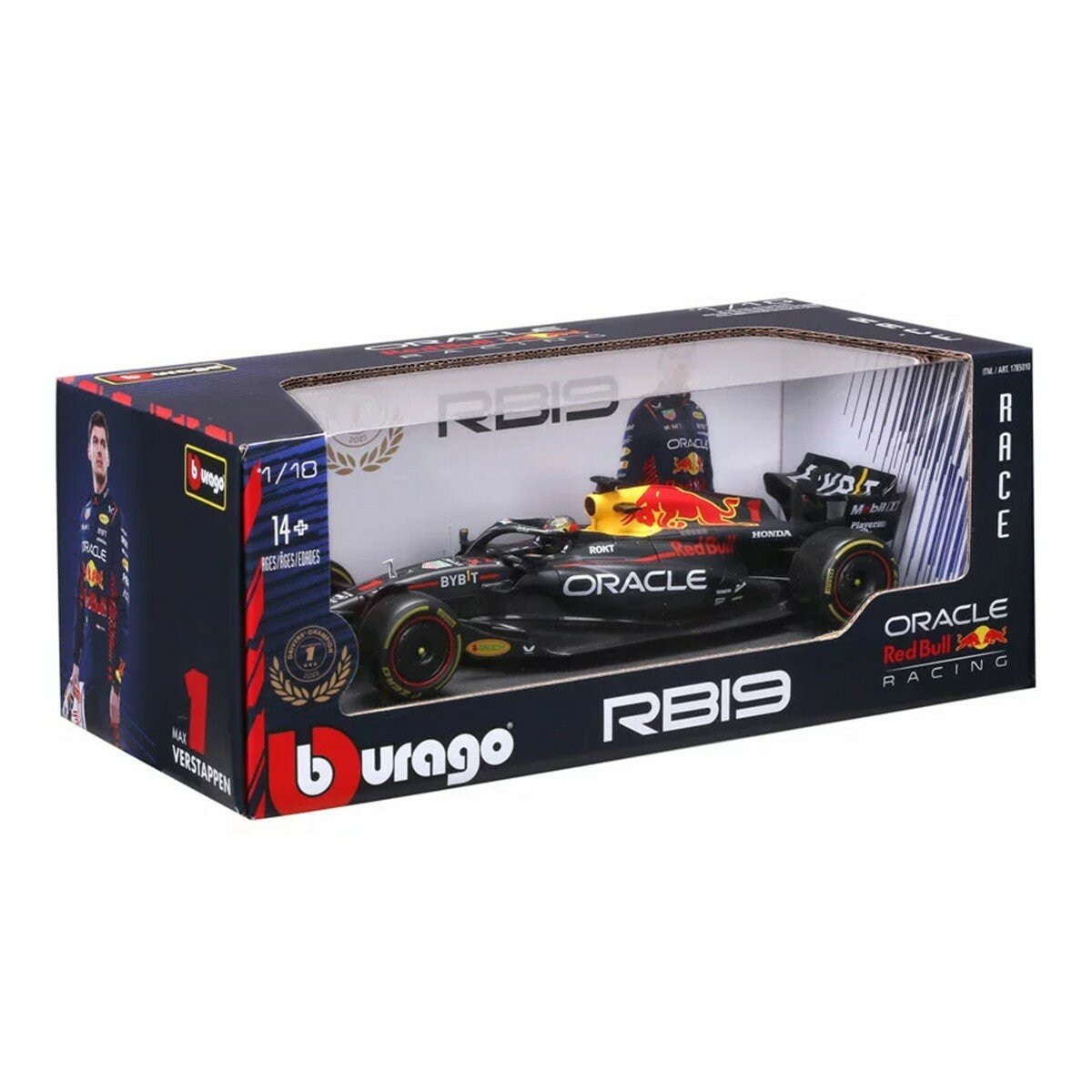 Bburago 1:18 賽車模型 Oracle Red Bull RB19 (#1 Max Verstappen , 含頭盔) 冠軍紀念版 消光藍 / 14歲以上