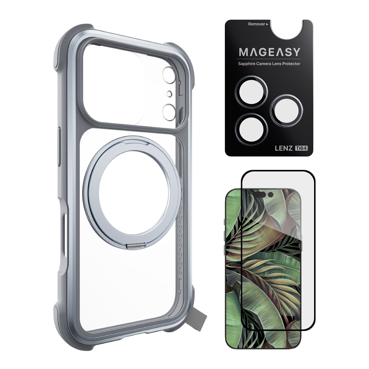 MAGEASY Odyssey Stand M Casing Telepon Berdiri Magnetik Perlindungan Jatuh Ultra Militer iPhone 17 Pro (Berkabut) + Lenz Titanium (Misty Titanium) + Pelindung Kaca Tempered Vetro 9H