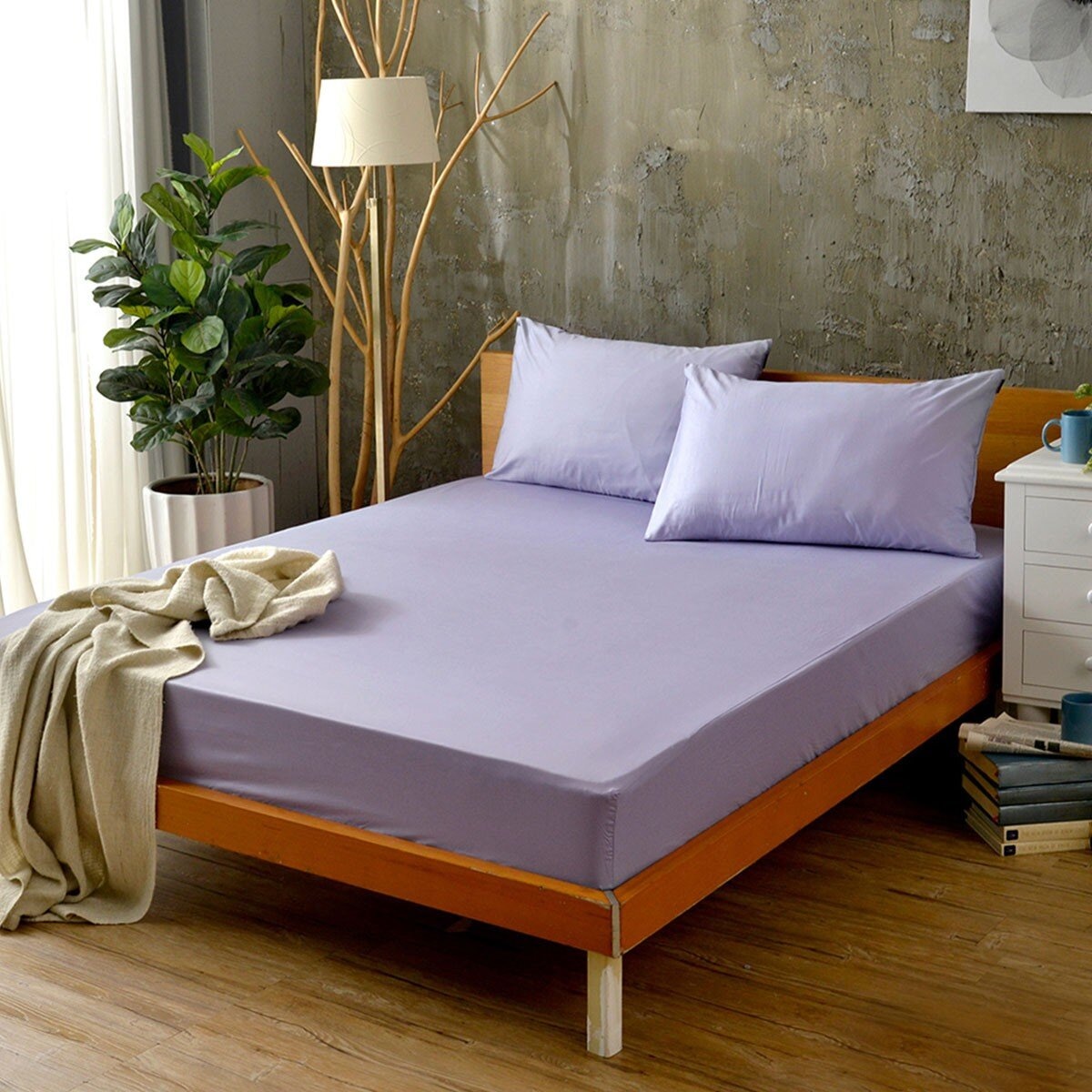 La Belle 雙人特大200織純棉素色床包枕套 3件組 180公分 X 210公分 紫